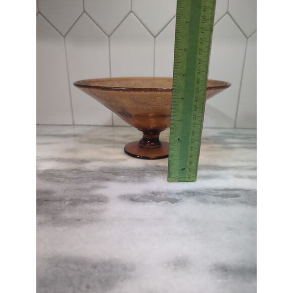 Amber‎ Glass Pedestal Bowl with Etched Edge, Floral Design, Vintage Centerpiece - Picture 10 of 10